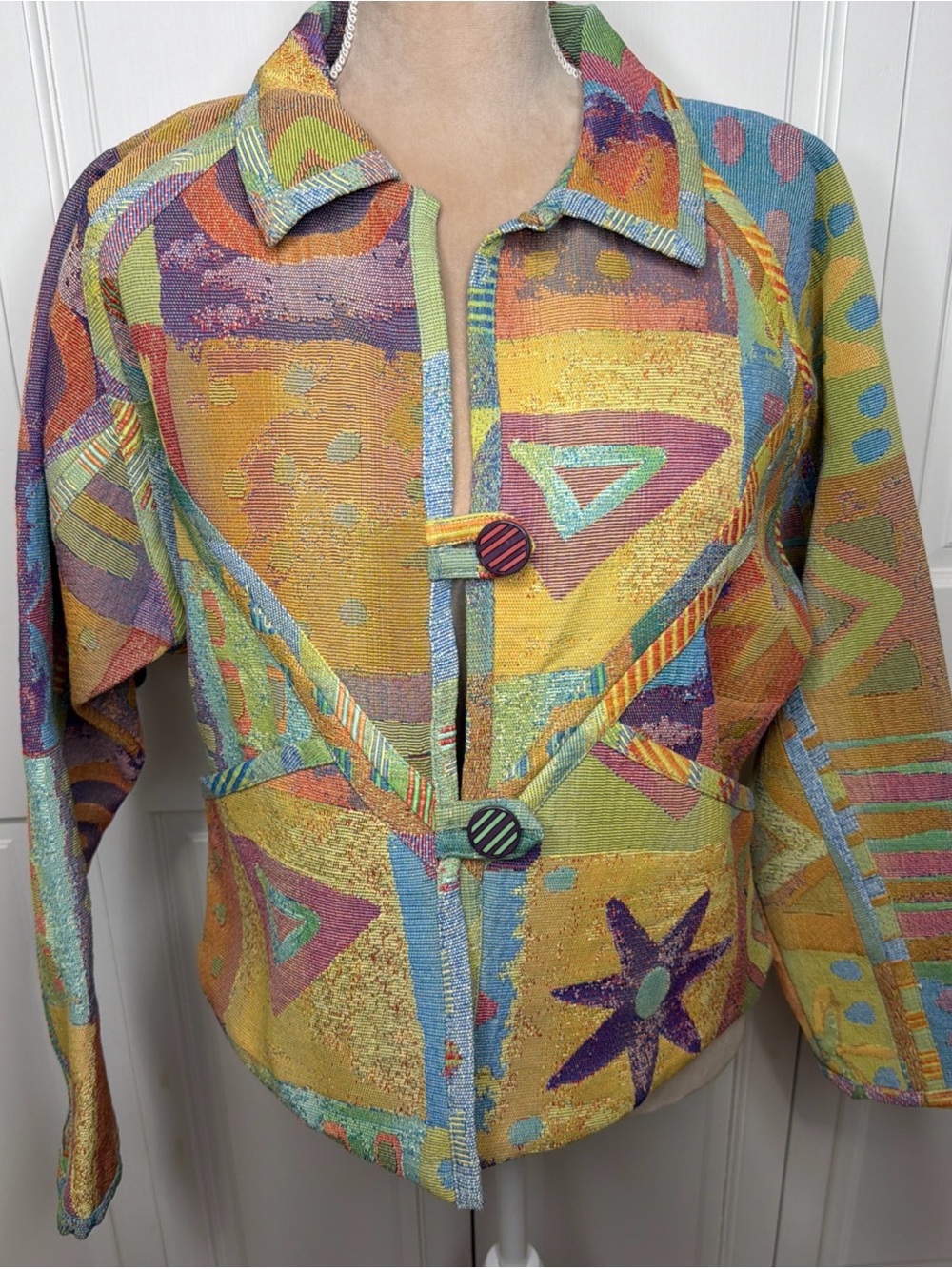 VTG Multicolor Geometric Pattern Women's Jacket Small Double Button Closure USA
